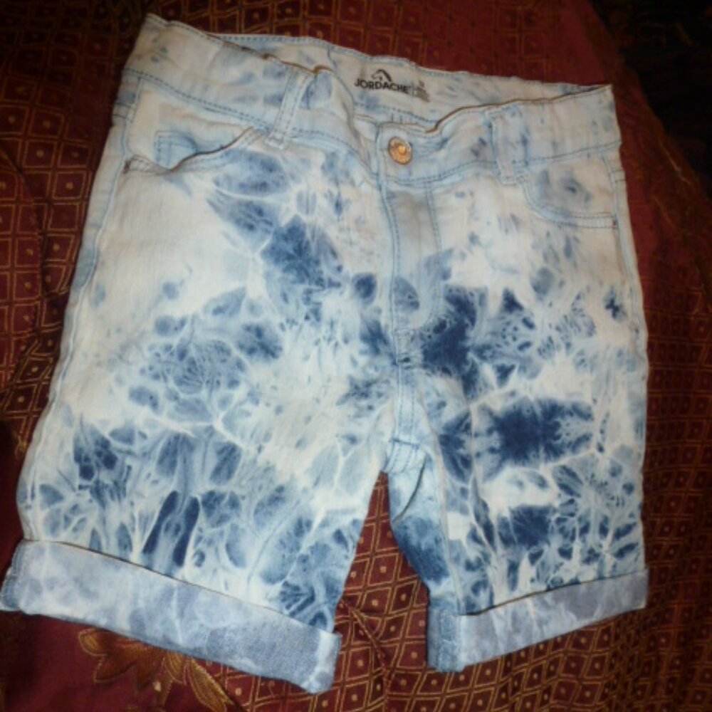 Jordache Blue Tie-Dye Denim Bermuda Shorts -Size 12- Stretch | Adjustable Waist
